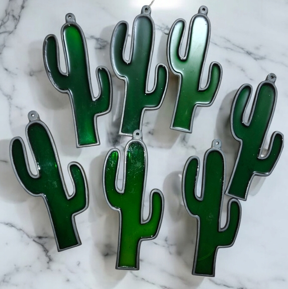 unbranded Other - Lot Of 7 - Stained Glass Green Saguaro Cactus 6" Sun Catcher Christmas Ornament